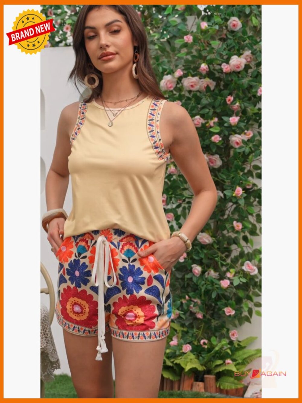Women's 2 Piece Floral Tank Top and Shorts Set Summer Outfits - Picture 4 of 4
